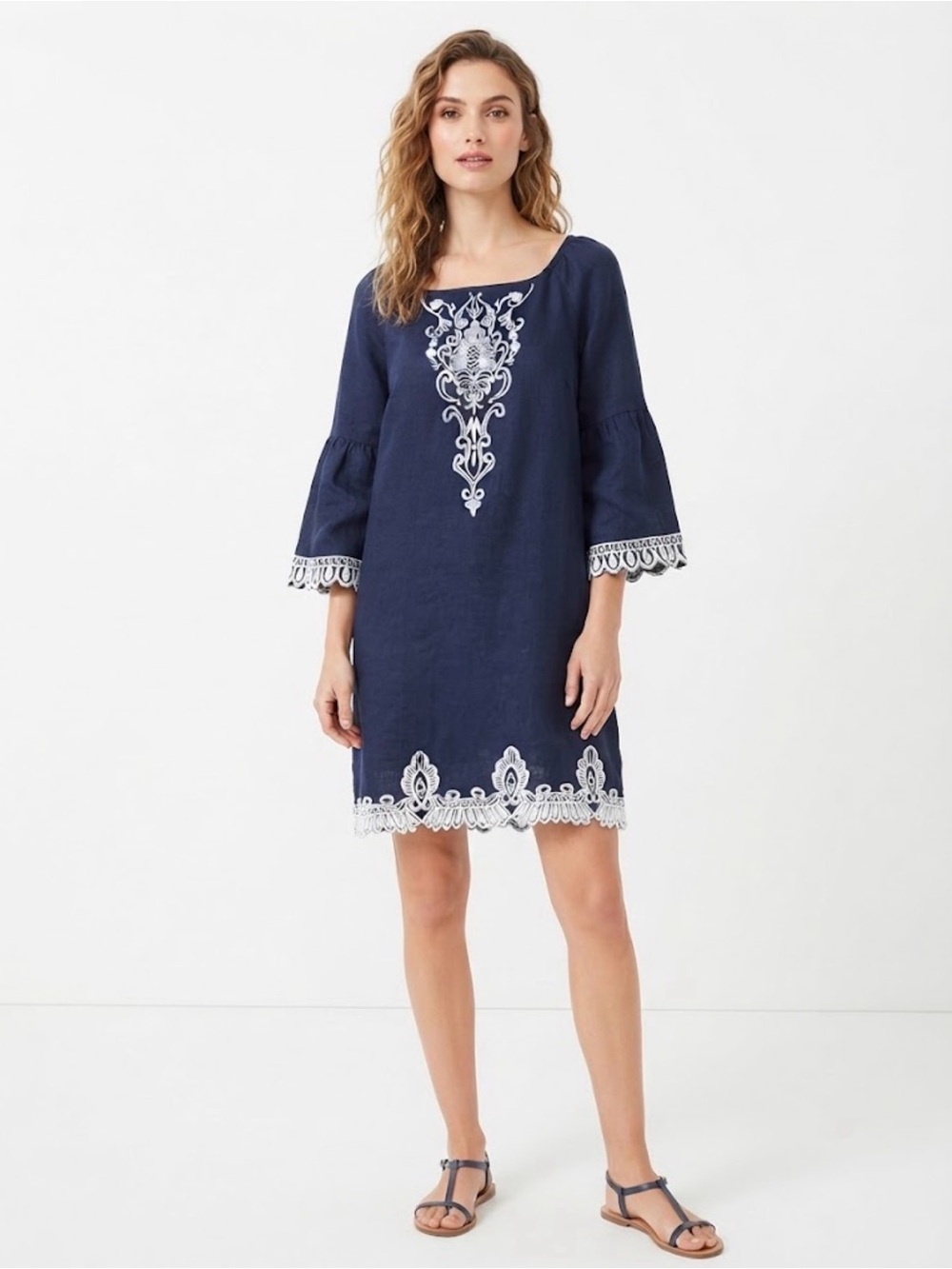 Neiman Marcus Navy Blue 100% Linen Embroidered Tunic Dress Size M